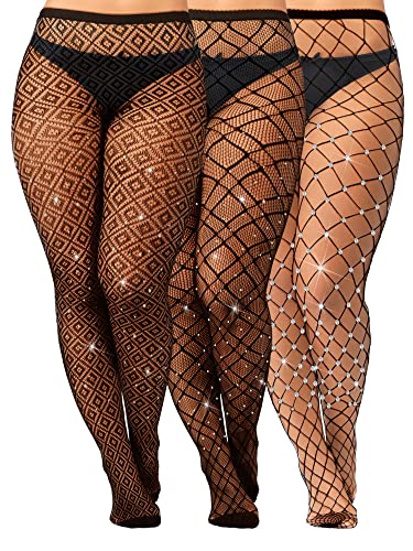 Geyoga 3 Pair Plus Size Fishnets Thigh High Stockings Sparkly Rhinestone Tights Stockings Glitter High Waist Tights for Women