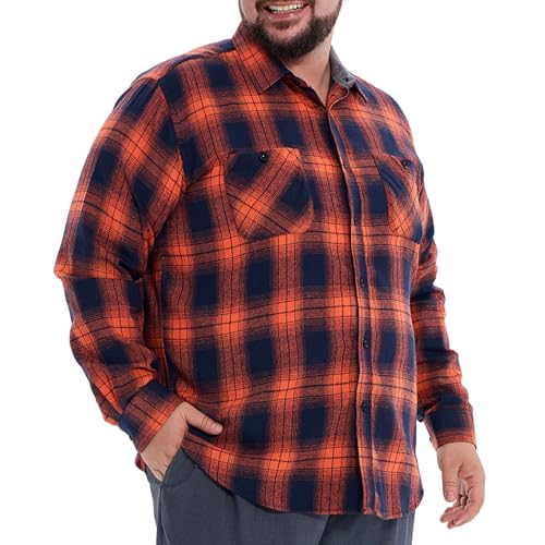 BEFRIED Flannel Shirt for Men Big and Tall (Size XL-6XLT) Button Down Long Sleeve Plaid Shirts Mens Casual Daily Fall Shirts(Orange XL-Tall)