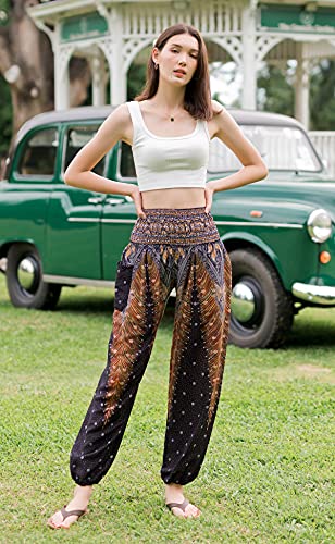 Banjamath® Women's Smocked Waist Harem Hippie Boho Yoga Palazzo Casual Pants3