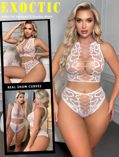Image of Avidlove Womens Fishnet Lingerie Set Sexy Two Piece Lingeries Hollow Out Stripper Outfit Heart Print Mesh Crop Tops