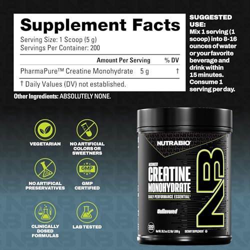Image of NutraBio Pure Micronized Creatine Monohydrate Powder Supplement, Unflavored, (1000 g) - Supports Bulk Muscle Energy, Recovery, and Strength - HPLC Tested Creatine Powder Supplement for Men and Women