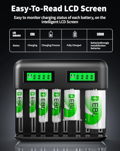 Image of EBL LCD 8 Bay Battery Charger, AA AAA C D Rechargeable Battery Charger for Rechargeable Batteries Ni-MH AA AAA C D Batteries with Type C Input