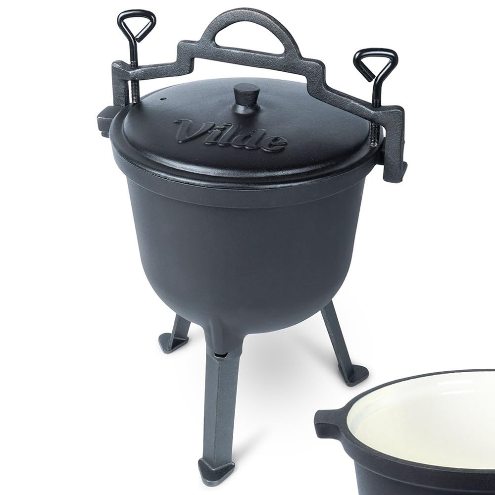Vilde Gusseiserner Kessel auf Füßen mit Deckel - 8 Liter Hexenkessel Gusseisen Schwarz - Ideal für Garten, Camping, Grill - 25,5 cm Durchmesser - Robuster, Hitzebeständiger Cauldron für Fleisch/Gemüse