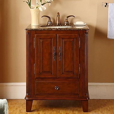 Silkroad Exclusive Single Sink Bathroom Vanity with Special Walnut Finish Cabinet, 28-Inch Cover