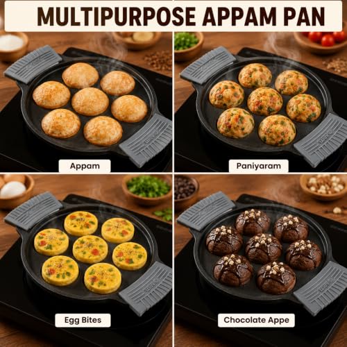 Image of Aditi Naturally Oil-Seasoned Appam Pan 7 Pit for Unniyappam /Paddu /Paniyarkal /Paniyaram(7 inch /18 cm), Heat-Resistant Silicone Handles