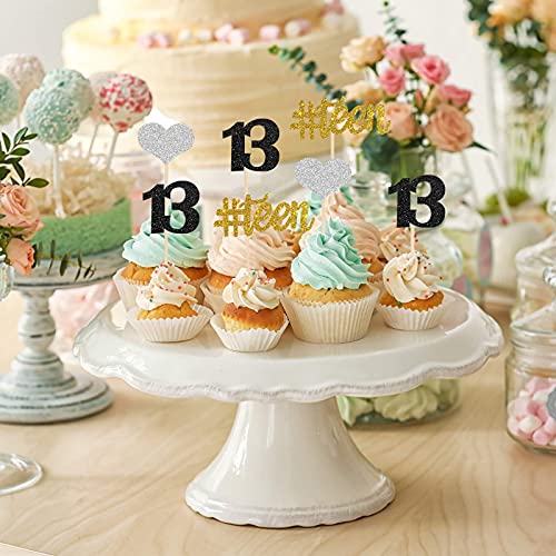 Image of Festiko24 pcs Teen 13th Cupcake Toppers, 13th Birthday Anniversary Party, Thirteen Years Old Happy Birthday Cupcake Picks (Gold, Black, Silver)
