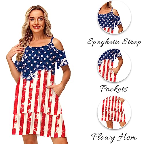 Image of Deerose Womens 4th of July Dresses Cold Shoulder American Flag Tie Dye A-Line Dress with Pockets