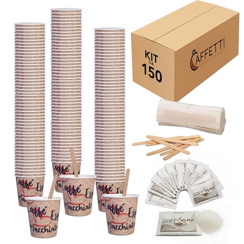 Caffetti Kit 150 Bicchierini Caffè + 150 Palette + 150 Bustine di Zucchero - Bicchieri 90 ml 3 oz in Carta Made in Italy, Palettine Monouso in Legno, per Ristoranti, Ufficio, Asporto, Bar