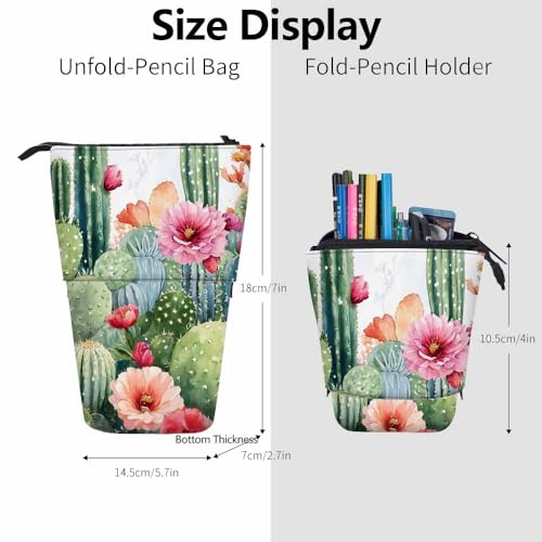 Image of Swono Cactus Floral Pencil Case Bright Tropical Flowers Roses Cacti Watercolor Standing Pencil Case Pencil Holder Pencil Pouch Cosmetics Pouch Makeup Office Bag Colorful