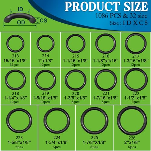 Image of ZDBB 1086 Pcs SAE Standard O Ring Kit Nitrile Rubber O-Rings Assortment with O'Ring Pick for Hydraulic Automotive Plumbing Faucet Seal Repair 32 Size Inch ID:1 /8 inch-2 inch