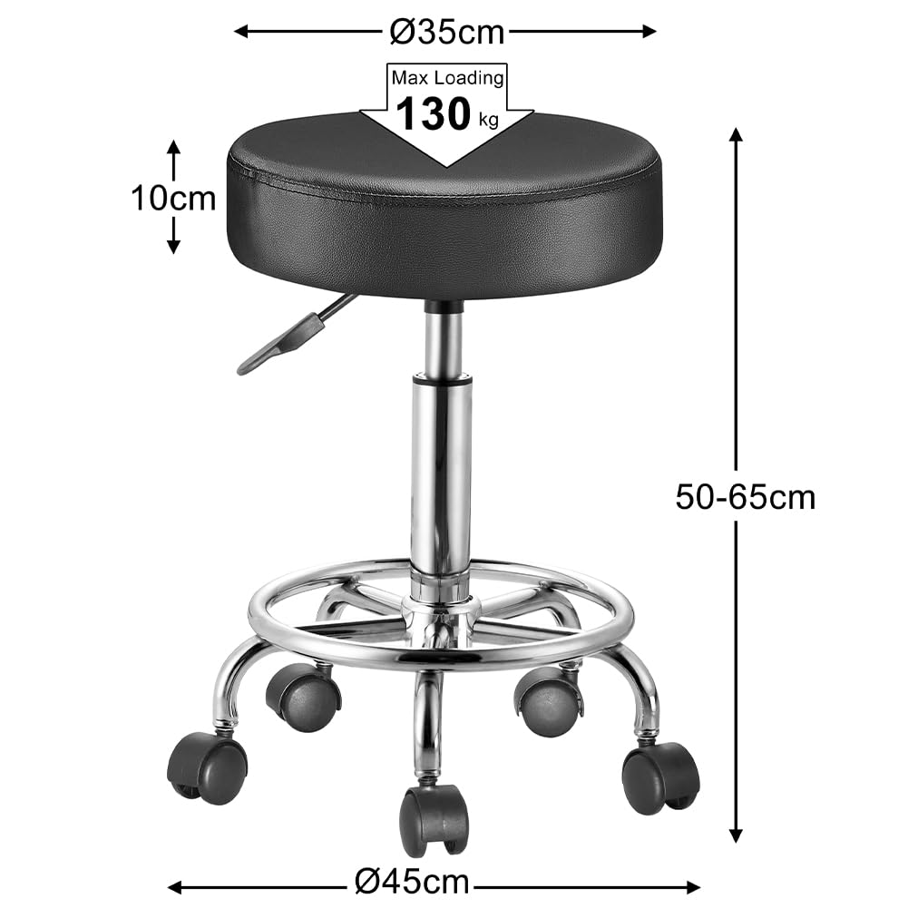 BAKAJI Taburete con ruedas redondas, asiento de piel sintética y base de acero giratorio de 360°, altura ajustable, acolchado con grosor de 10 cm, ideal para casa, esteticista, estudio médico (negro)