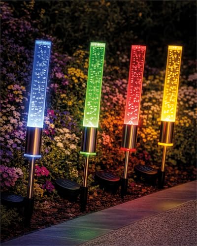 Pack of 4 Solar Stainless Steel RGB Stick Light with Bubble Effect