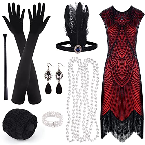 PLULON 1920er Pailletten-Perlen-Fransen-Flapper-Kleid mit 20er-Accessoires-Set (rot) Cover