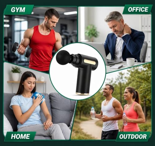 Image of Percussion Massage Gun, Black with Gold Accents, 5 Interchangeable Heads, Deep Tissue Muscle Recovery