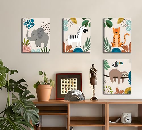 Image of 4pcs Framed Safari Cartoon Jungle Animal Wall Art 12x16 inches | elephant, zebra, sloth & tiger Canvas Paintings Prints.Kid Room Baby Room Decor.