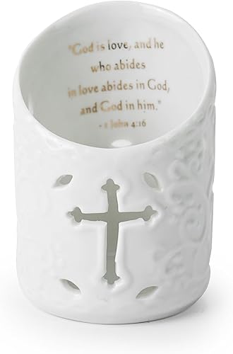 DreamsEden Portavelas de cerámica con cruz cristiana con versículo de la Biblia, vela votiva para decoración del hogar de boda (amor)