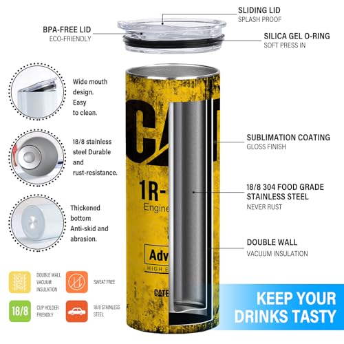 ATHAND Funny Tumbler Gifts for Men - Alfaro Yellow CAT 1R 1807 Engine Oil Filter Skinny Tumbler with Lid, Stainless Steel Double Wall Cup, Insulated Travel Coffee Mug (Pack of 1)