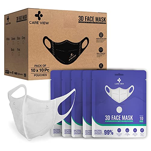 Image of CARE VIEW N95 3 Dimensional Disposable Face Mask Pouch with 4 Layered Filtration, SITRA and BIS(ISI) certified & Incredibly Soft Spandex Non Woven Fabric Ear loop (WHITE, PACK OF 100)