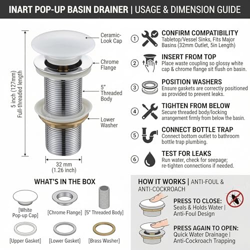 Image of InArt Pop-up Brass Basin Drainer /Waste Coupling /Waste Kit for Bathroom Wash Basin /Vessel Sink 5 Inch Brass Full Threaded Pop Up Waste Coupling 32 MM (White Ceramic)