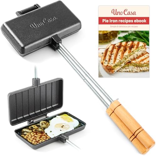 Uno Casa - XL Pie Irons Cast Iron Sandwich Maker - Mountain Japanese Sandwich Maker with Recipe Book - Durable Campfire Cooking Equipment for Toasted Pies, and More