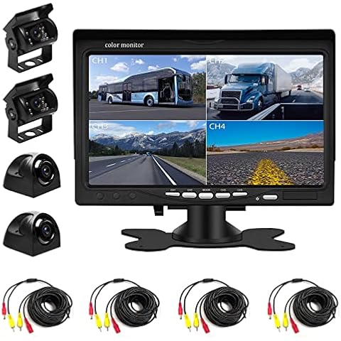 Backup Camera Kit 7 inch 4-Spilt Monitor Rear View Cameras with IP 67 Waterproof 18 IR Night Vision Car Camera for Tucks, RVs,Trailers,Bus,Vans + 4pcs 10m/393.7inch Cables Cover