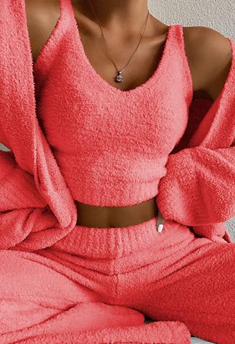 Image of Fixmatti Women's Fuzzy 3 Piece Sweatsuit Open Front Cardigan Crop Tank Tops Wide Legs Pants Lounge Sets