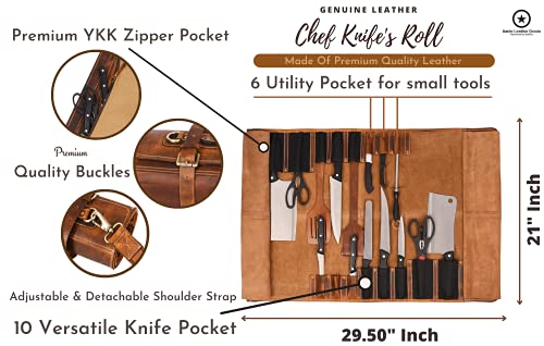 Aaron Leather Goods Leather Knife Roll Storage Bag | Elastic and Expandable 10 Pockets | 6 Leather Pocket | Travel-Friendly Chef Knife Case Roll (Caramel, Leather) - Image 4