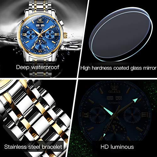 Image of OLEVS Men's Business Watch Gold Blue with Large Easy-Read Analog Quartz Date Display Luxury Stainless Steel Band Waterproof Luminous Hands