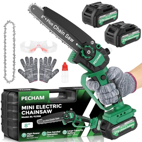 PECHAM 8 Inch Mini Chainsaw Cordless, 800W Brushless Motor Electric Saw with 2×3.0Ah Batteries & 2 Chains, Lightweight Handheld Chainsaw with Safety Lock for Tree Pruning, Wood Cutting