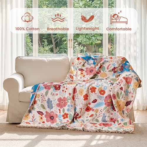 Image of MSGKV Boho Throw Blanket 50 inchx60 inch Fall Cotton Floral Blanket for Couch