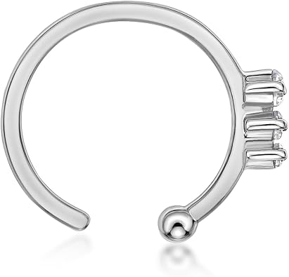 Lavari Jewelers 20 Gauge 0.025 Carat Lab Grown Diamond Nose Hoop Ring for Women - 14k Yellow or White Gold Three Stone Nose Ring - Unisex Nostril Piercing Jewelry - 20G Body Piercing for Men