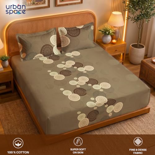 Image of Urban Space Serene 300TC 100% Cotton Bedsheet for Double Bed, Panel Design Bedsheet, Printed Queen Size Bed Sheet with 2 Pillow Covers (90 x 100 Inches, Moonstone Moss Brown)