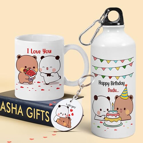 Image of Bubu Dudu Love Gift for Birthday /Anniversary Sipper Water Bottle 750 ML Aluminium with 320 ML Coffee Mug, Wooden Keychain Combo Pack MSK-V (Design-6)