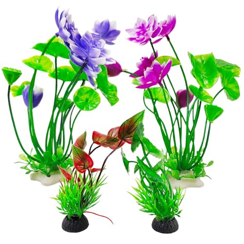 Image of Hamiledyi 2 Pcs Artificial Lotus Flowers with Small Artificial Seaweed Plants Fish Tank Plastic Plants Decorations Purple and White-Purple Blossoms Artificial Water Plants Perfect for Aquarium Decor