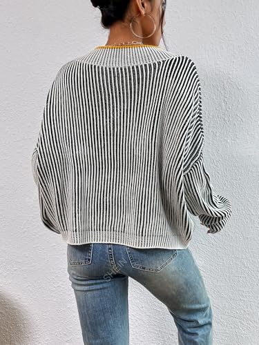 Cakulo Womens Fall 2025 Oversized Striped V Neck Sweaters Long Sleeve Knit Color Block Trendy Pullover Sweater Top3
