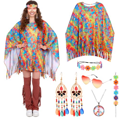 Putfoka 60er 70er Hippie Kostüm Damen Set mit Poncho und Accessoires, Hippie Kleidung Damen, 70er Jahre Bekleidung Große, Disco Outfit...