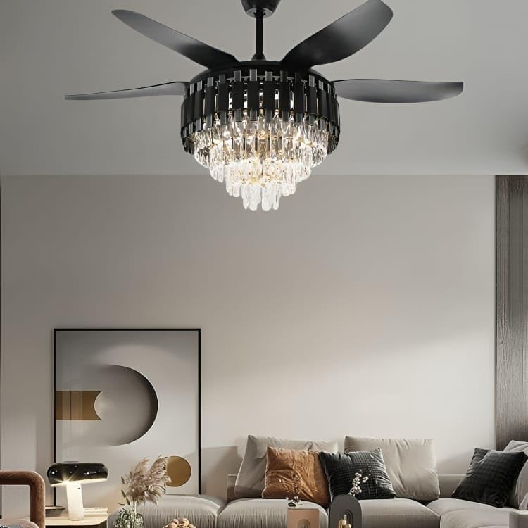 Image of Glowave 52 Inch Black Gold Crystal Chandelier Fan 3 Colors Light Speed Setting 6 Fan Blades Remote Control Ceiling Fan for Kitchen, Cafes, Hotels, Dining, Bar (Cottage)