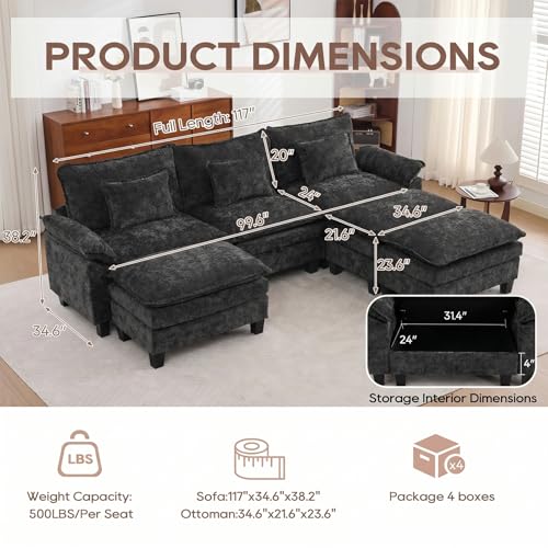 Image of IPKIG 117 inch Modular Cloud Couch with Storage, C Shaped Sectional Sofa | 3 Seater Black Chenille Deep Seat Sectional Couches with Ottoman and Pillow for Living Room, Apartment