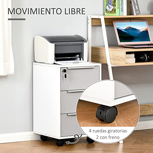 Miniatura 5 de Homcom Cajonera De Escritorio Con 3 Cajones, Cajonera De Oficina Con Ruedas, Cerradura Y 2 Llaves, Archivador Móvil Para Estudio, Salón, 40x40x63,5 Cm, Blanco Y Gris
