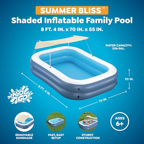 Image of H2OGO! 8 Foot 4 Inch x 70 Inch Summer Bliss Shaded Inflatable Family Pool for Kids Ages 6 Above