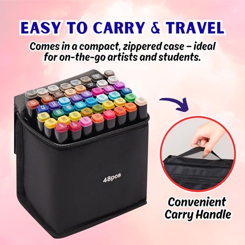 Image of 48 Shades Dual Tip Brush & Fine Art Markers Set | Professional Sketch Pens with Carry Case | Permanent Coloring Tools for Drawing, Calligraphy, Doodling | Ideal for Kids, Students & Artists