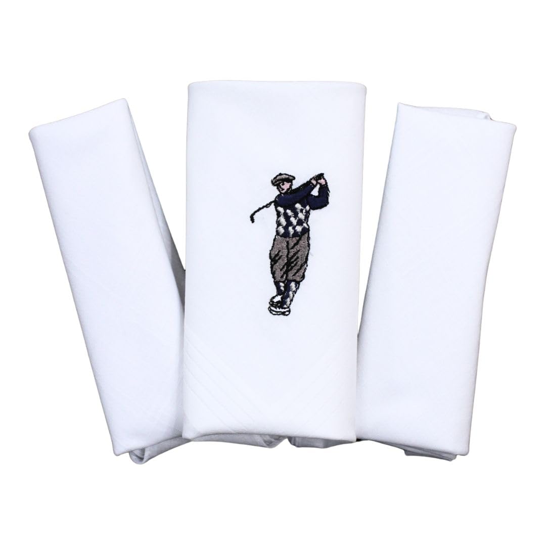 Go West Men's White Golf Design Handkerchiefs – Pack Of 3 – 100% Cotton 40X40 Cm – Embroidered Hankies