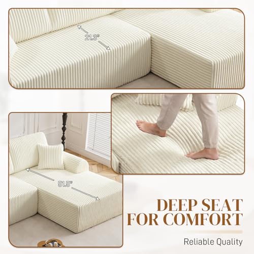 Image of 110 inch L Shaped Boneless Sectional Couches for Living Room, Comfy Corduroy Floor Cloud Sofa with Chaise, Wide Armrest, Deep Seat, Memory Foam, Assembly Free, Ideal for Small Spaces, Beige