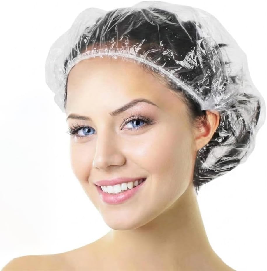 Aquior Shower Cap Disposable, 50 PCS Bath Caps Large Thick Clear Waterproof Plastic Elastic Hair Bath Caps for Women Kids Girls, Travel Spa, Hotel and Hair Solon, Home Use