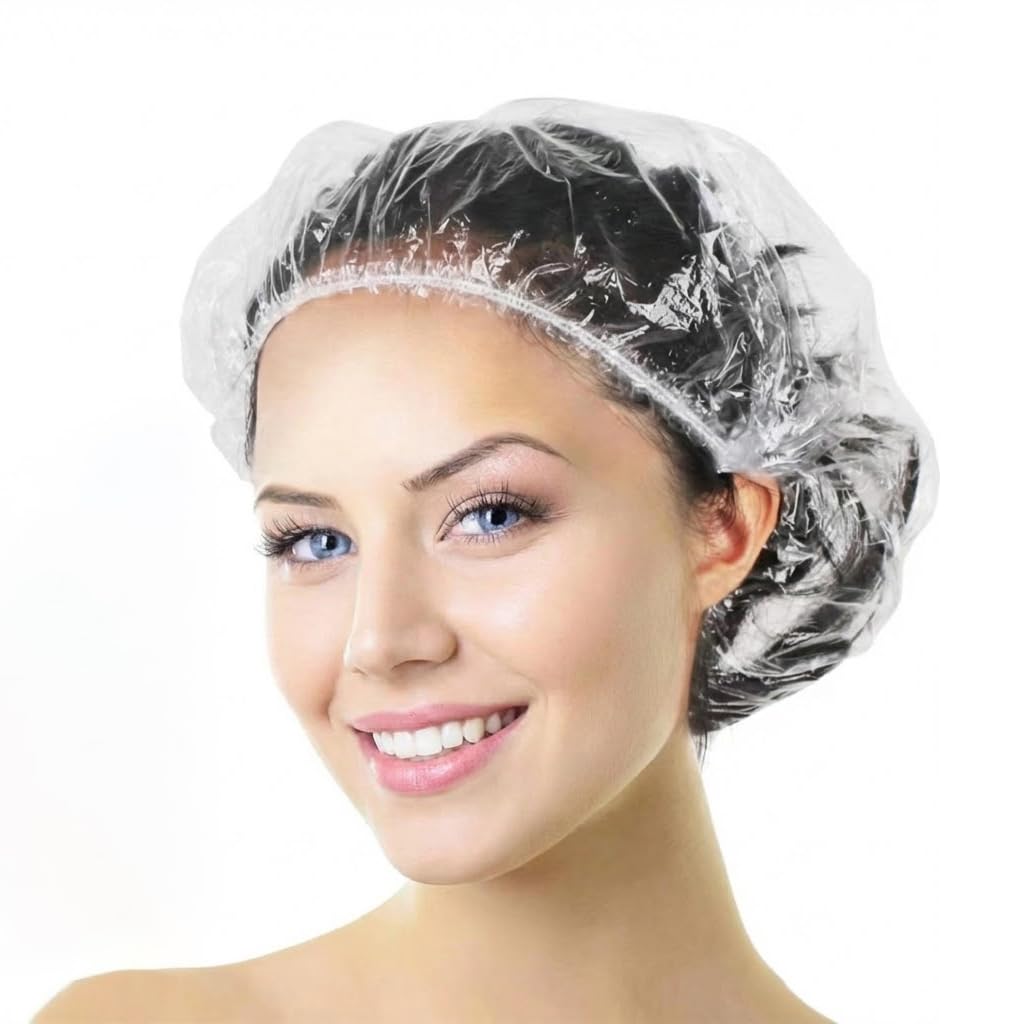 Aquior 100 Pack Disposable Shower Caps - Thick Waterproof Multi-Use Elastic Caps for Hair, Travel, Kitchen Hacks & Cleaning