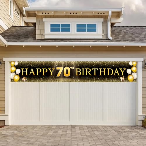 Image of TZSS Black & Gold 70th Birthday Banner Decorations - Extra Large 118 inchx20 inch Reusable Yard Sign for Men & Women, Over The Hill Party Decor Indoor Outdoor, Platinum Jubilee Celebration