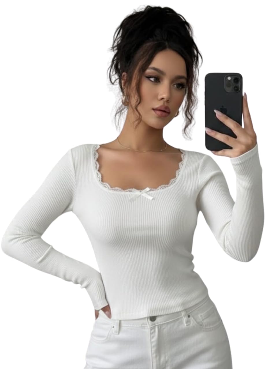 annu glow Korean Deep Neck Lace Crop Top for Women, Full Sleeve Stylish Top, Trendy Slim Fit for Girls-picture-23