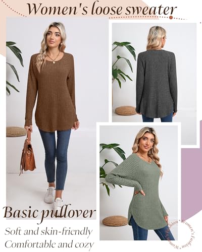 Ficerd 3 Pack Women's Curved Hem Long Sleeve Sweaters, Side Split Crew Neck Tunic Tops Loose Fit Shirts Basic Pullover2