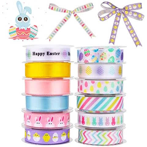 Kingovalley 12 Rolls Easter Day Ribbons, 0.5 inch x 6 Yards Easter Egg Bunny Rabbit Ribbons Decorative Wrapping Ribbons for Easter Day Gift Wrapping DIY Crafts Wedding Decorations Cover