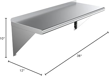 KPS Stainless Steel Wall Shelf 12 x 36 NSF Certified Commercial Kitchen Shelf with Wall Mount Brackets for Restaurant or Food Truck Use